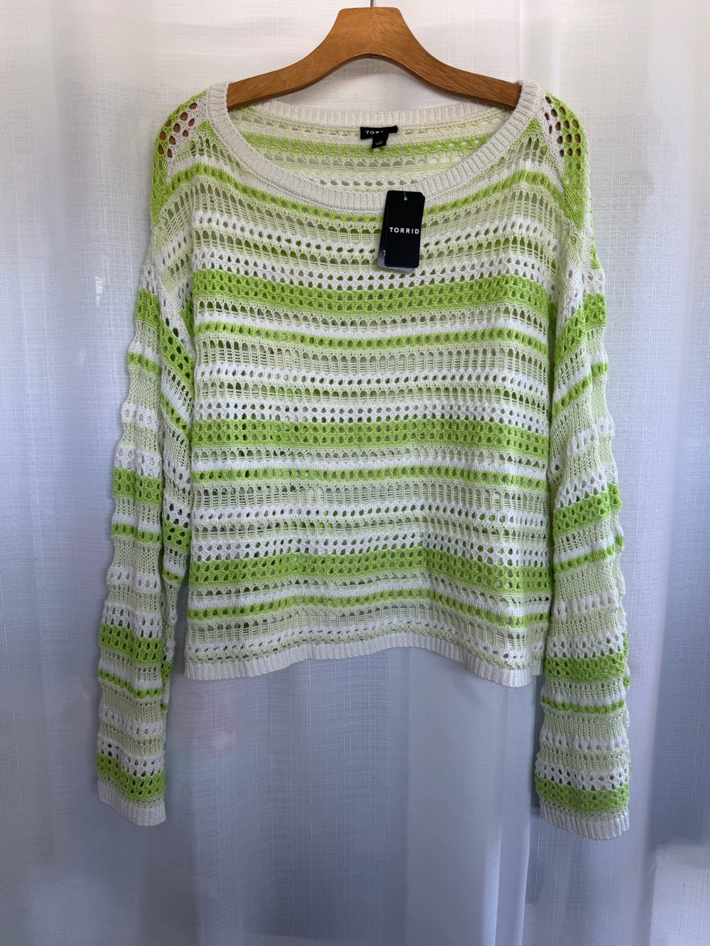 Torrid Open Stitch Striped Crop Pullover Sweater Green Cream Size 1X NWT